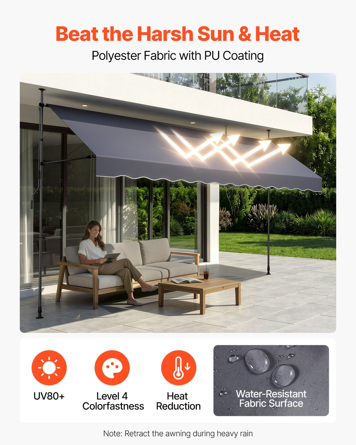 Manual Retractable Awning, 400 cm Outdoor Retractable Patio Awning Sunshade Shelter, Height Adjustable Patio Door Window Canopy with Manual Crank Handle for Backyard, Garden, Balcony, Dark Gray