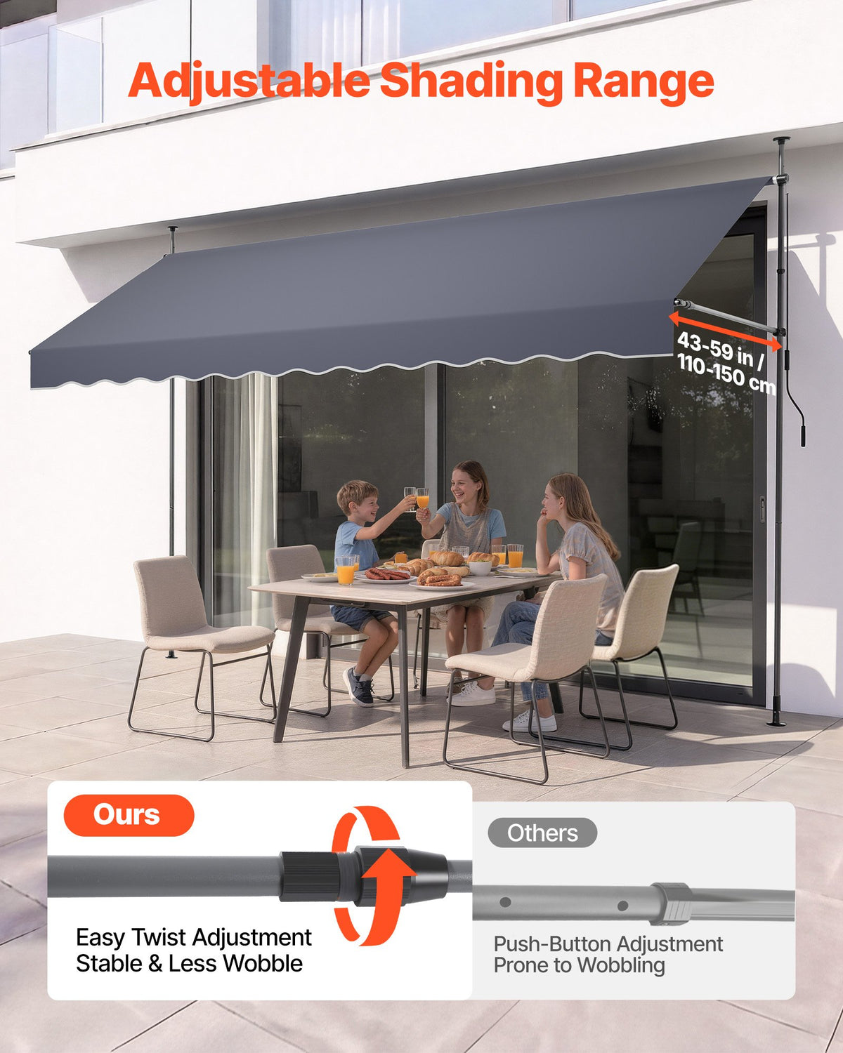 Manual Retractable Awning, 400 cm Outdoor Retractable Patio Awning Sunshade Shelter, Height Adjustable Patio Door Window Canopy with Manual Crank Handle for Backyard, Garden, Balcony, Dark Gray