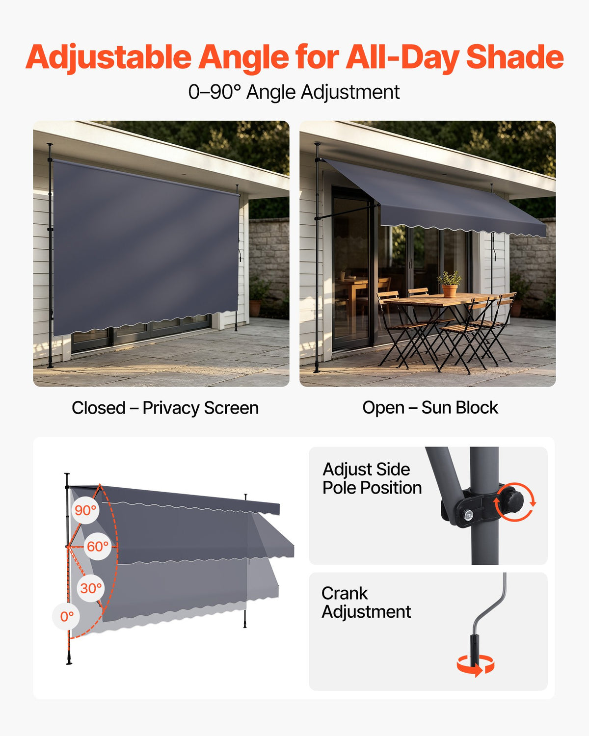 Manual Retractable Awning, 400 cm Outdoor Retractable Patio Awning Sunshade Shelter, Height Adjustable Patio Door Window Canopy with Manual Crank Handle for Backyard, Garden, Balcony, Dark Gray