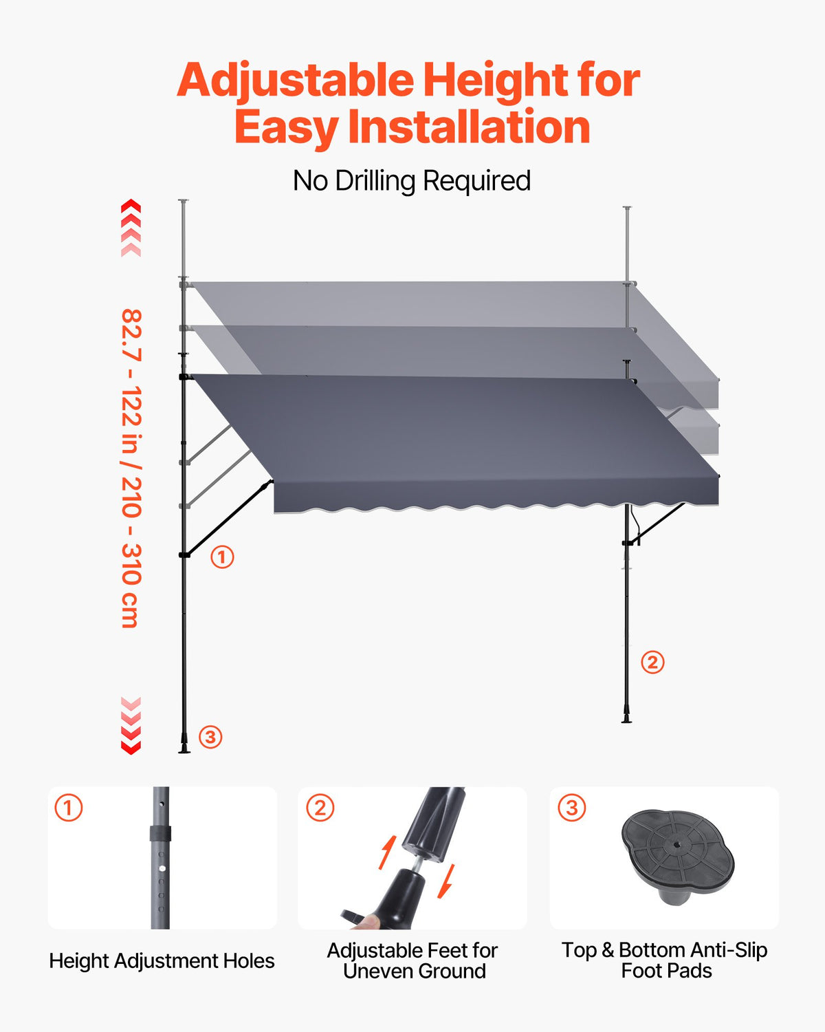 Manual Retractable Awning, 400 cm Outdoor Retractable Patio Awning Sunshade Shelter, Height Adjustable Patio Door Window Canopy with Manual Crank Handle for Backyard, Garden, Balcony, Dark Gray