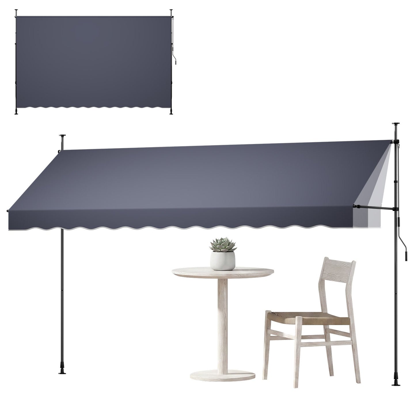 Manual Retractable Awning, 400 cm Outdoor Retractable Patio Awning Sunshade Shelter, Height Adjustable Patio Door Window Canopy with Manual Crank Handle for Backyard, Garden, Balcony, Dark Gray