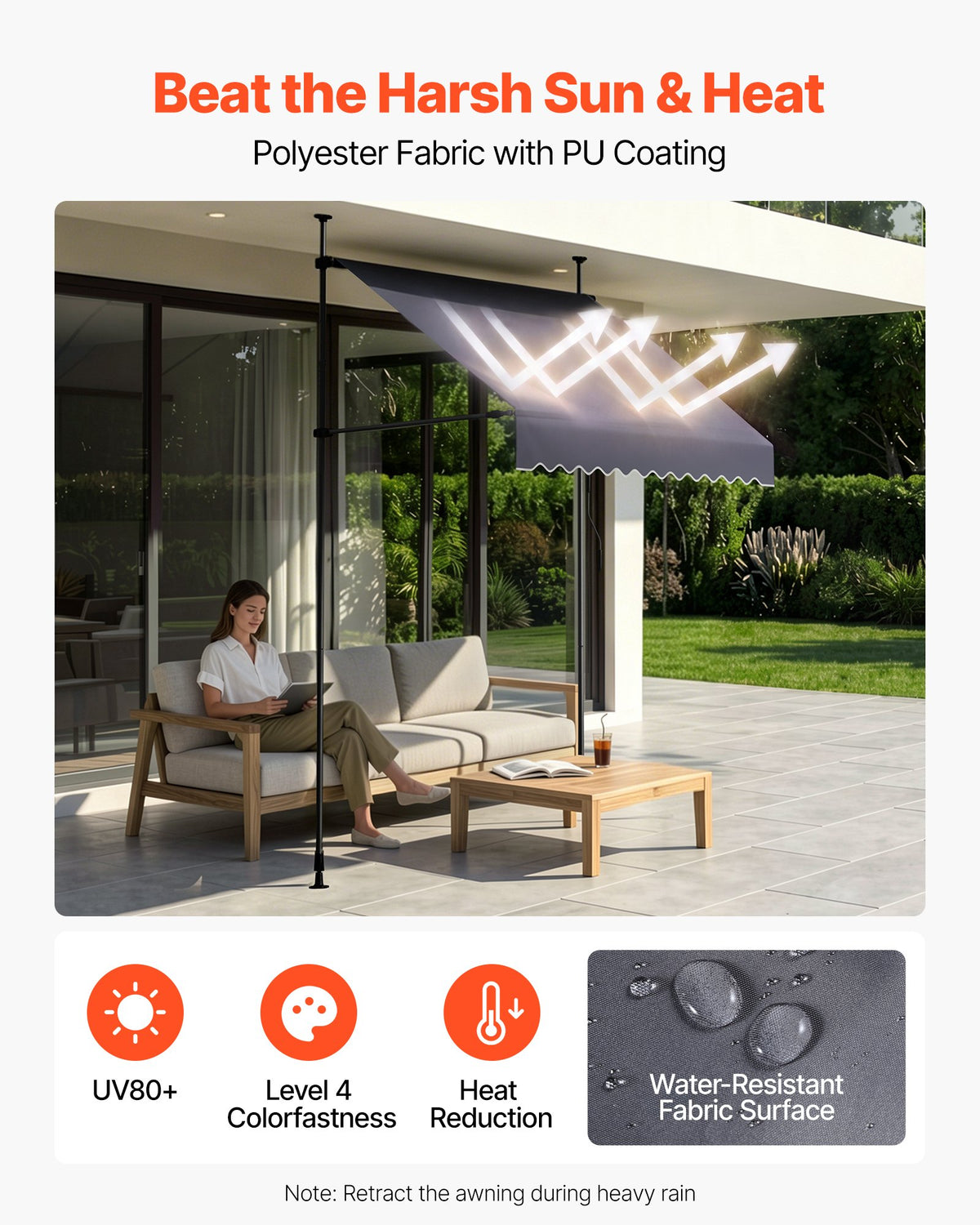 Manual Retractable Awning, 150 cm Outdoor Retractable Patio Awning Sunshade Shelter, Height Adjustable Patio Door Window Canopy with Manual Crank Handle for Backyard, Garden, Balcony, Dark Gray