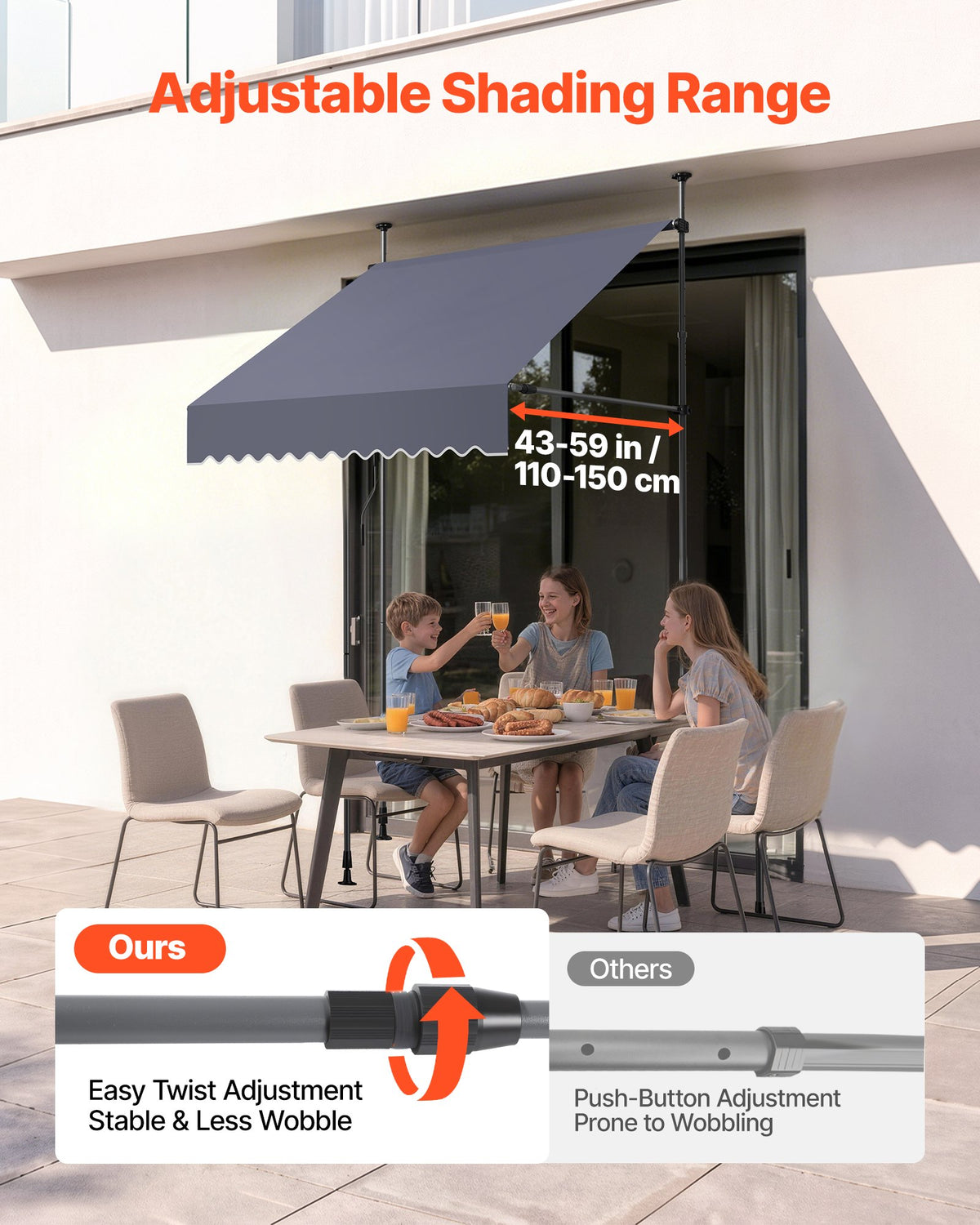 Manual Retractable Awning, 150 cm Outdoor Retractable Patio Awning Sunshade Shelter, Height Adjustable Patio Door Window Canopy with Manual Crank Handle for Backyard, Garden, Balcony, Dark Gray