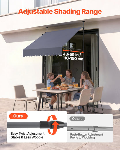 Manual Retractable Awning, 150 cm Outdoor Retractable Patio Awning Sunshade Shelter, Height Adjustable Patio Door Window Canopy with Manual Crank Handle for Backyard, Garden, Balcony, Dark Gray