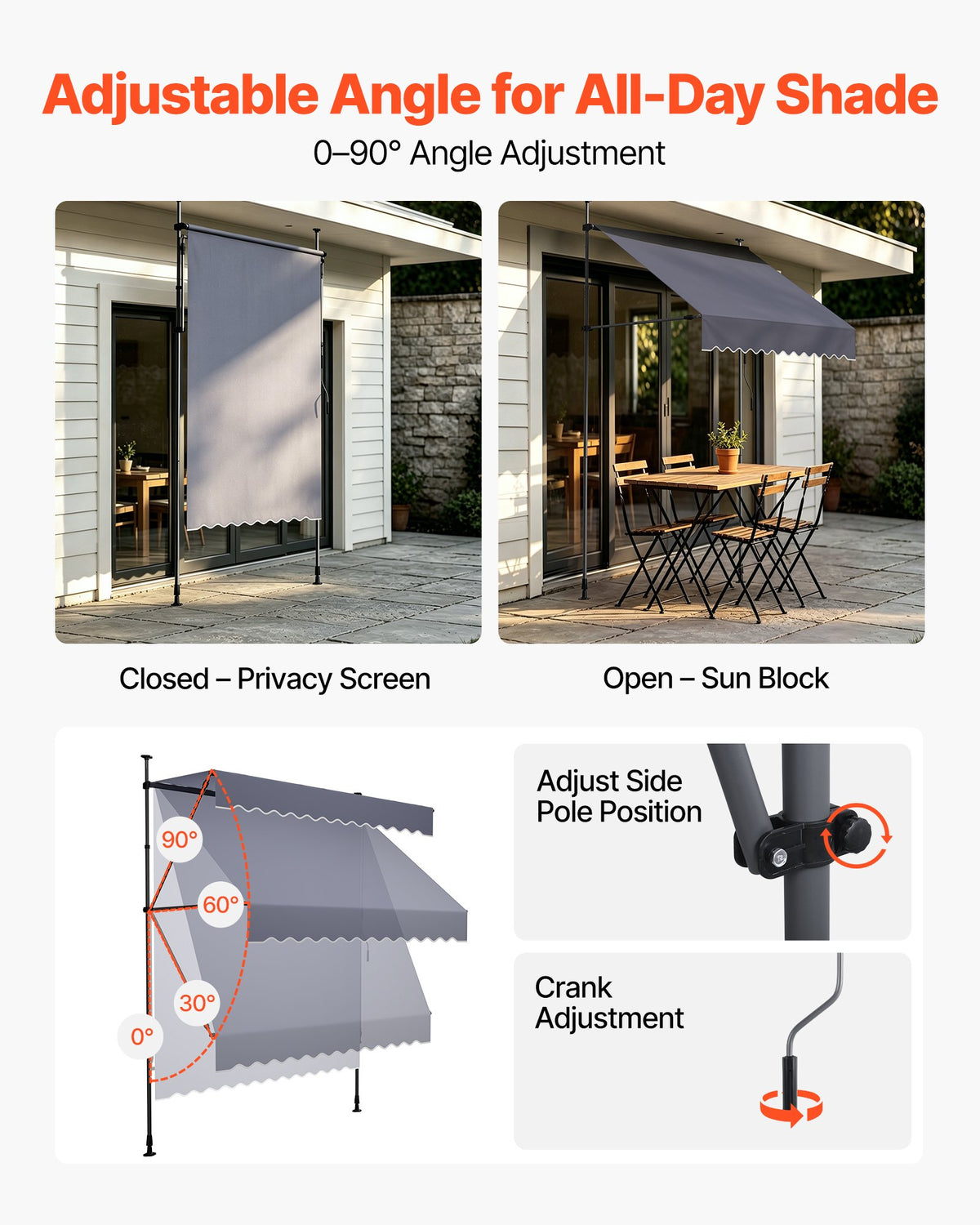 Manual Retractable Awning, 150 cm Outdoor Retractable Patio Awning Sunshade Shelter, Height Adjustable Patio Door Window Canopy with Manual Crank Handle for Backyard, Garden, Balcony, Dark Gray
