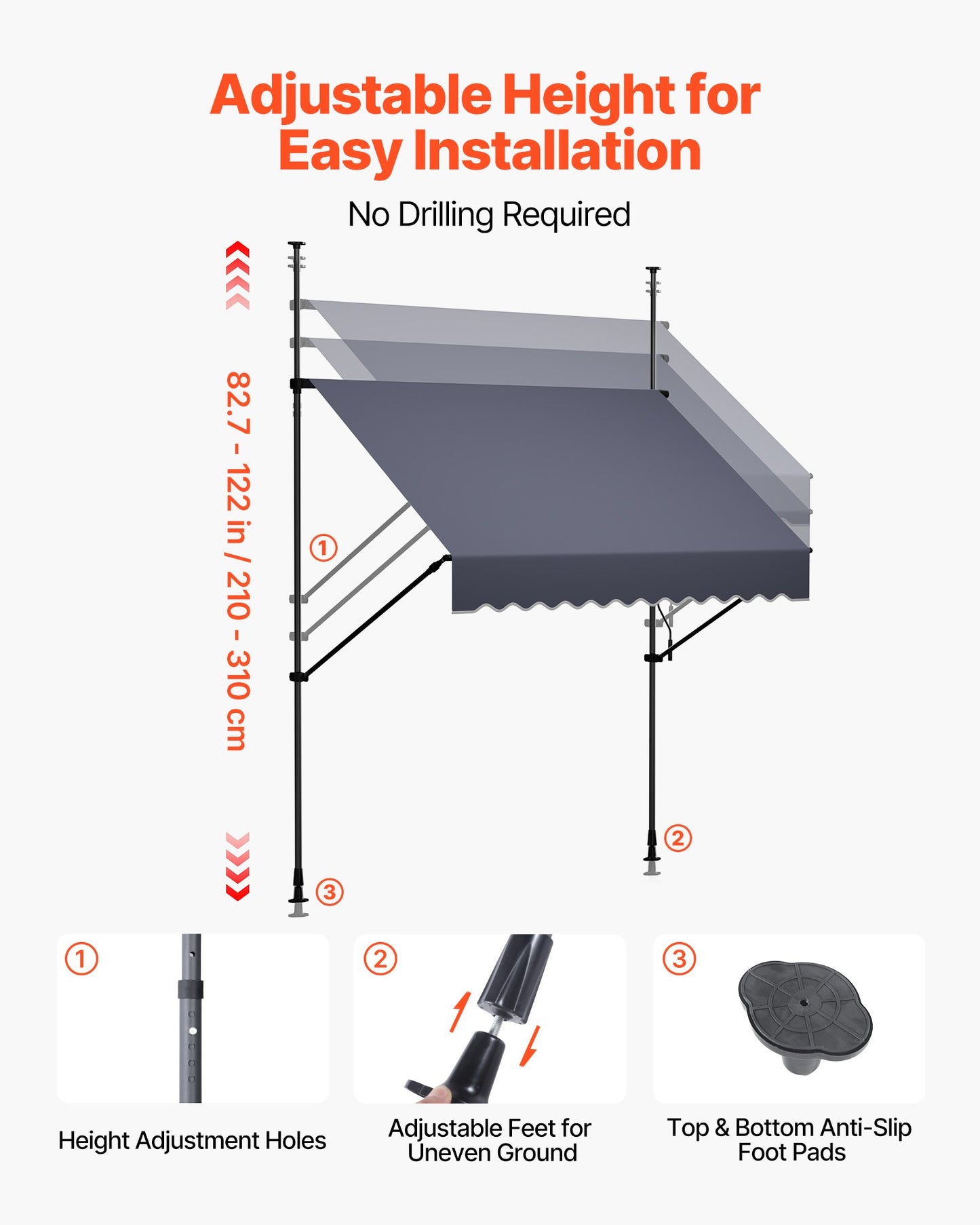 Manual Retractable Awning, 150 cm Outdoor Retractable Patio Awning Sunshade Shelter, Height Adjustable Patio Door Window Canopy with Manual Crank Handle for Backyard, Garden, Balcony, Dark Gray