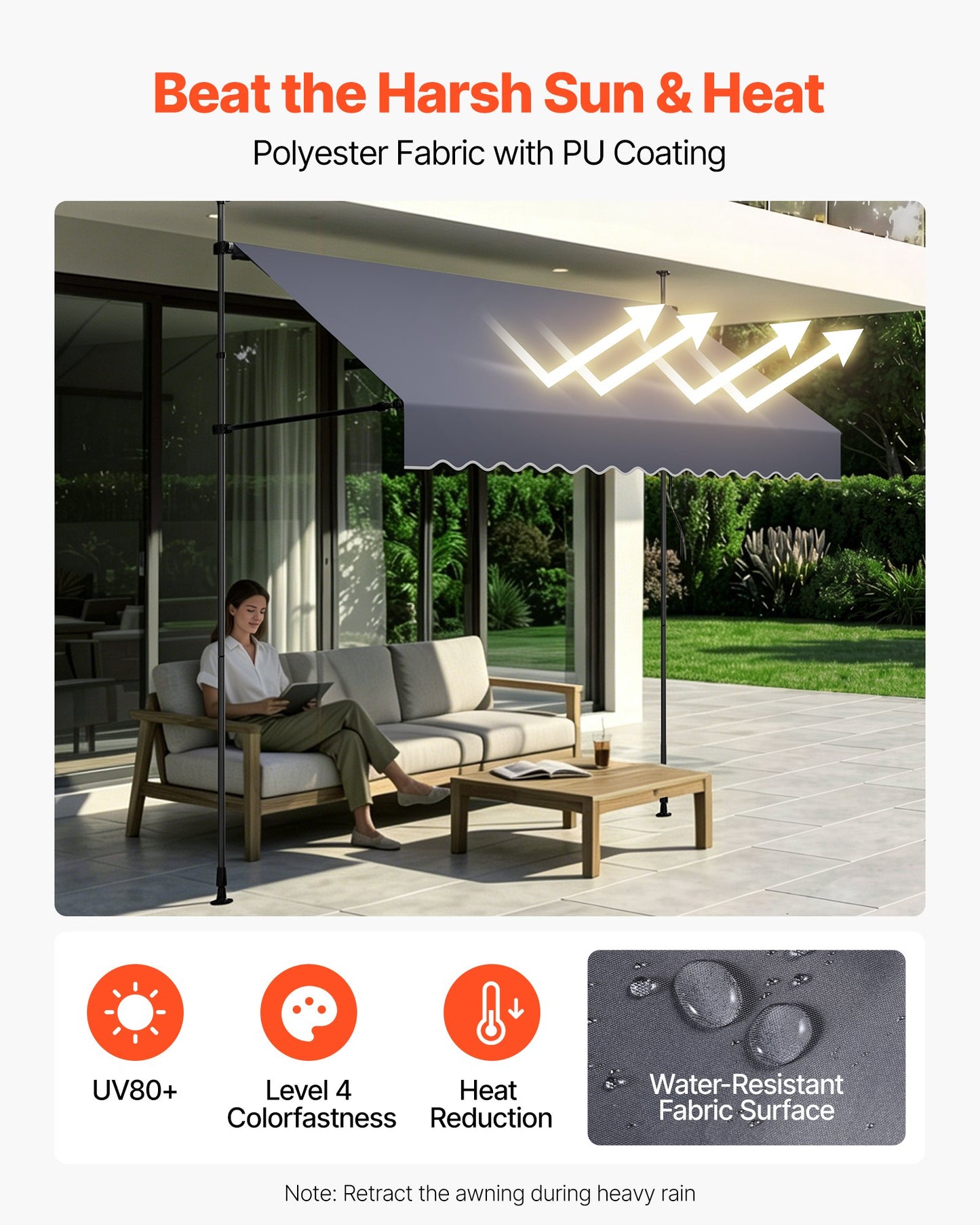 Manual Retractable Awning, 250 cm Outdoor Retractable Patio Awning Sunshade Shelter, Height Adjustable Patio Door Window Canopy with Manual Crank Handle for Backyard, Garden, Balcony, Dark Gray