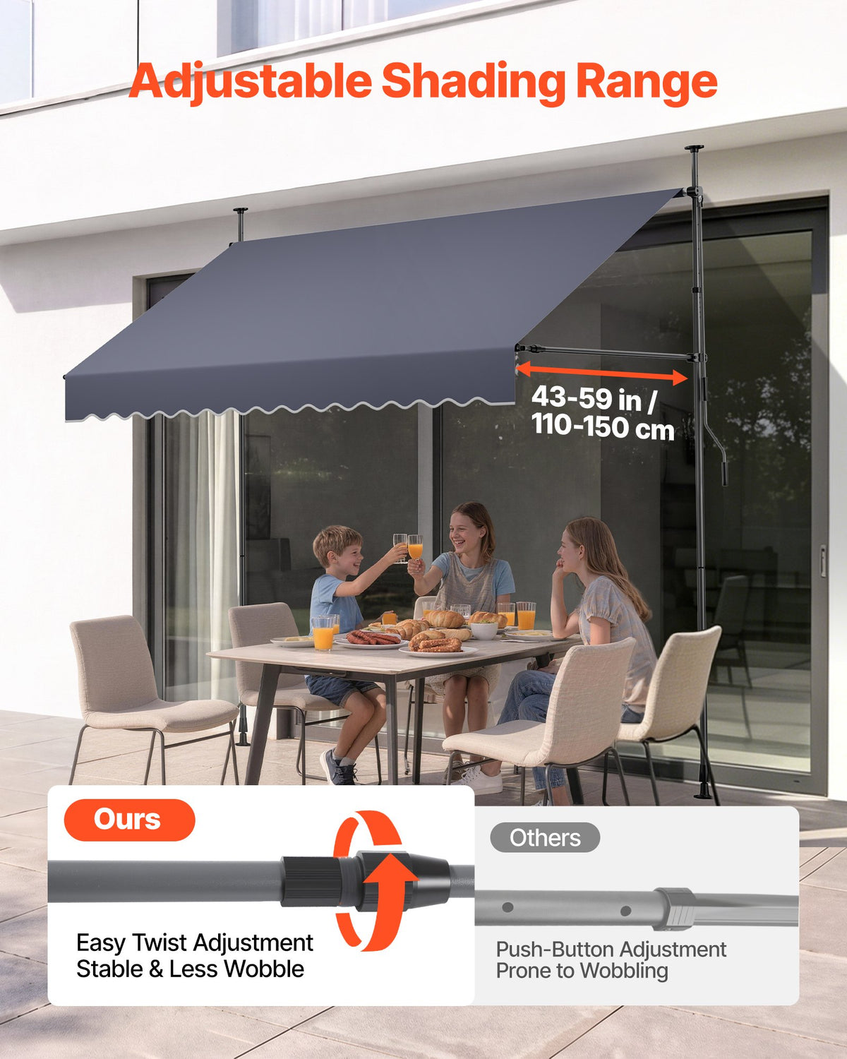 Manual Retractable Awning, 250 cm Outdoor Retractable Patio Awning Sunshade Shelter, Height Adjustable Patio Door Window Canopy with Manual Crank Handle for Backyard, Garden, Balcony, Dark Gray