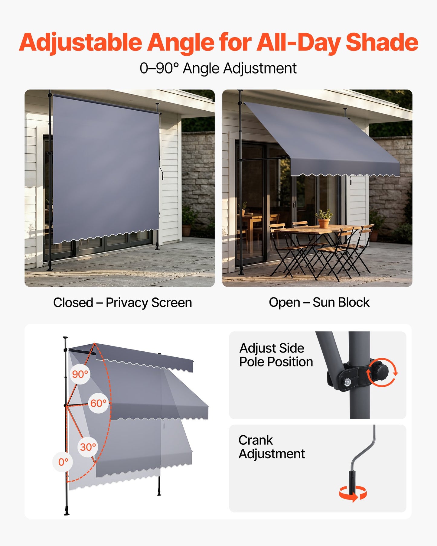 Manual Retractable Awning, 250 cm Outdoor Retractable Patio Awning Sunshade Shelter, Height Adjustable Patio Door Window Canopy with Manual Crank Handle for Backyard, Garden, Balcony, Dark Gray
