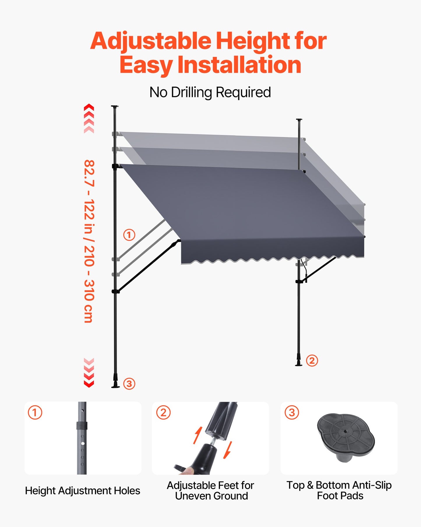 Manual Retractable Awning, 250 cm Outdoor Retractable Patio Awning Sunshade Shelter, Height Adjustable Patio Door Window Canopy with Manual Crank Handle for Backyard, Garden, Balcony, Dark Gray