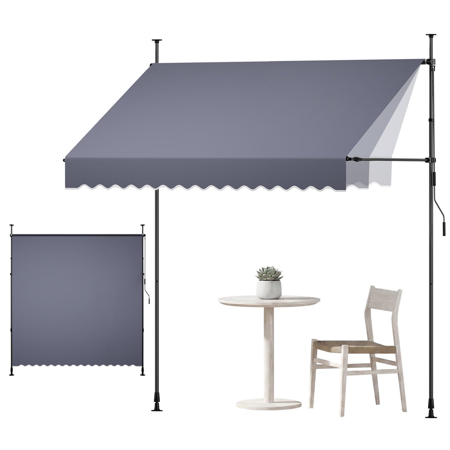 Manual Retractable Awning, 250 cm Outdoor Retractable Patio Awning Sunshade Shelter, Height Adjustable Patio Door Window Canopy with Manual Crank Handle for Backyard, Garden, Balcony, Dark Gray