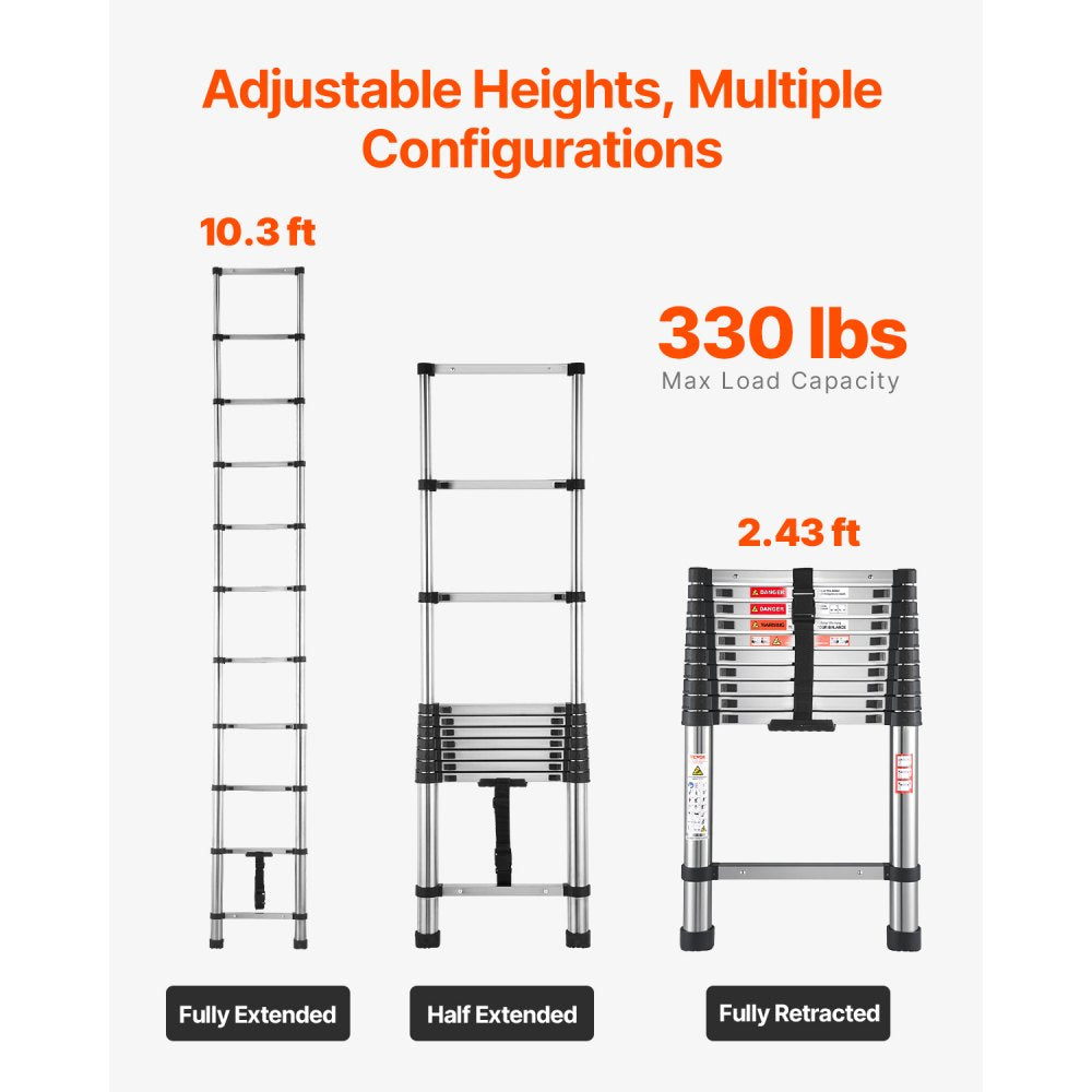 VEVOR Telescoping Ladder Stainless Steel Extension Step 3140mm Portable Ladders
