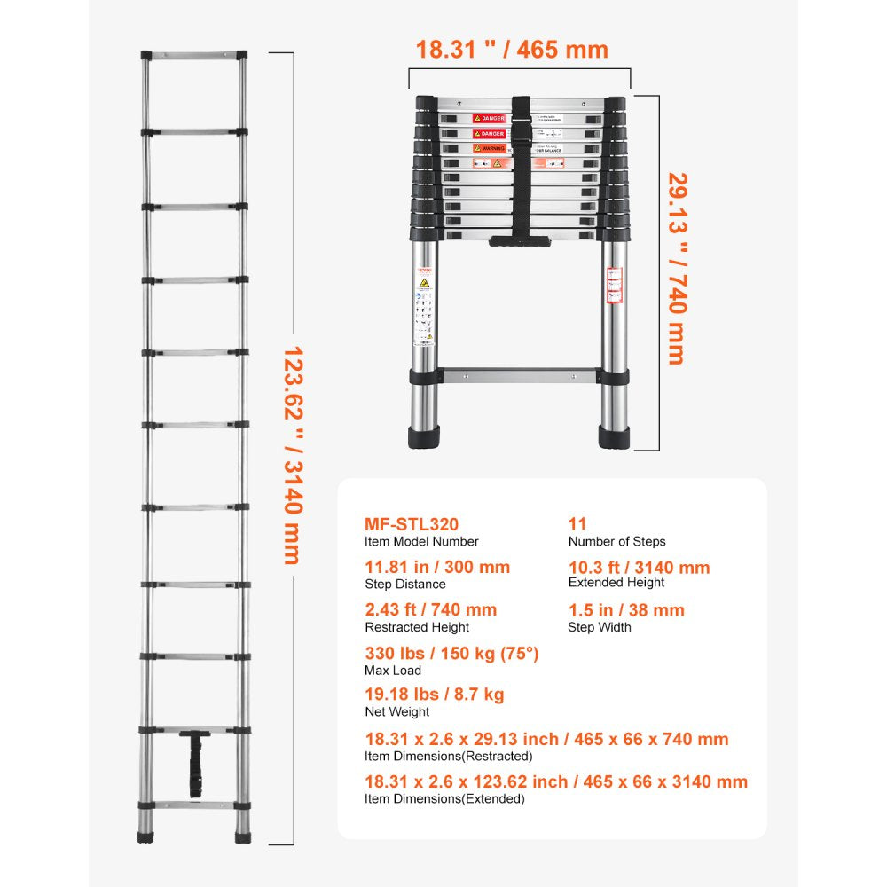 VEVOR Telescoping Ladder Stainless Steel Extension Step 3140mm Portable Ladders