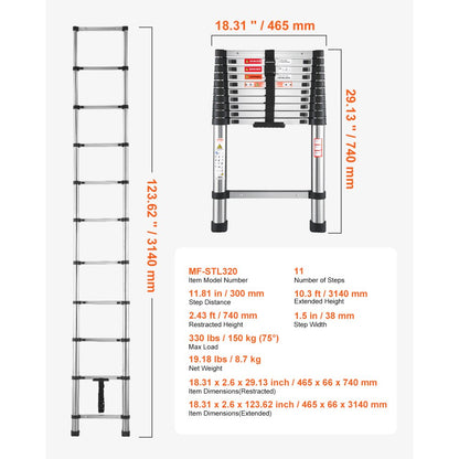 VEVOR Telescoping Ladder Stainless Steel Extension Step 3140mm Portable Ladders