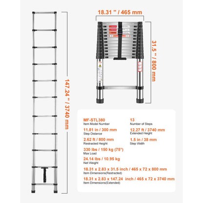 VEVOR Telescoping Ladder Stainless Steel Extension Step 3740mm Portable Ladders