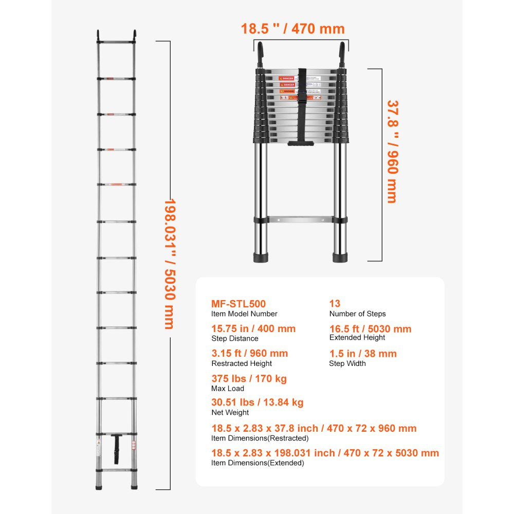 VEVOR Telescoping Ladder Stainless Steel Extension Step 5030mm Portable Ladders