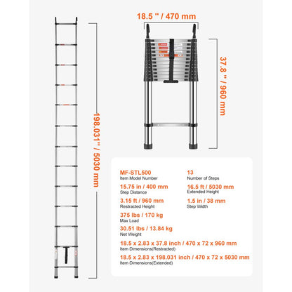 VEVOR Telescoping Ladder Stainless Steel Extension Step 5030mm Portable Ladders