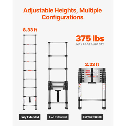 VEVOR Telescoping Ladder Stainless Steel Extension Step 2540mm Portable Ladders