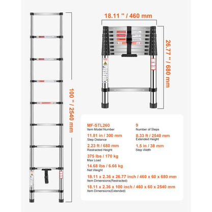 VEVOR Telescoping Ladder Stainless Steel Extension Step 2540mm Portable Ladders
