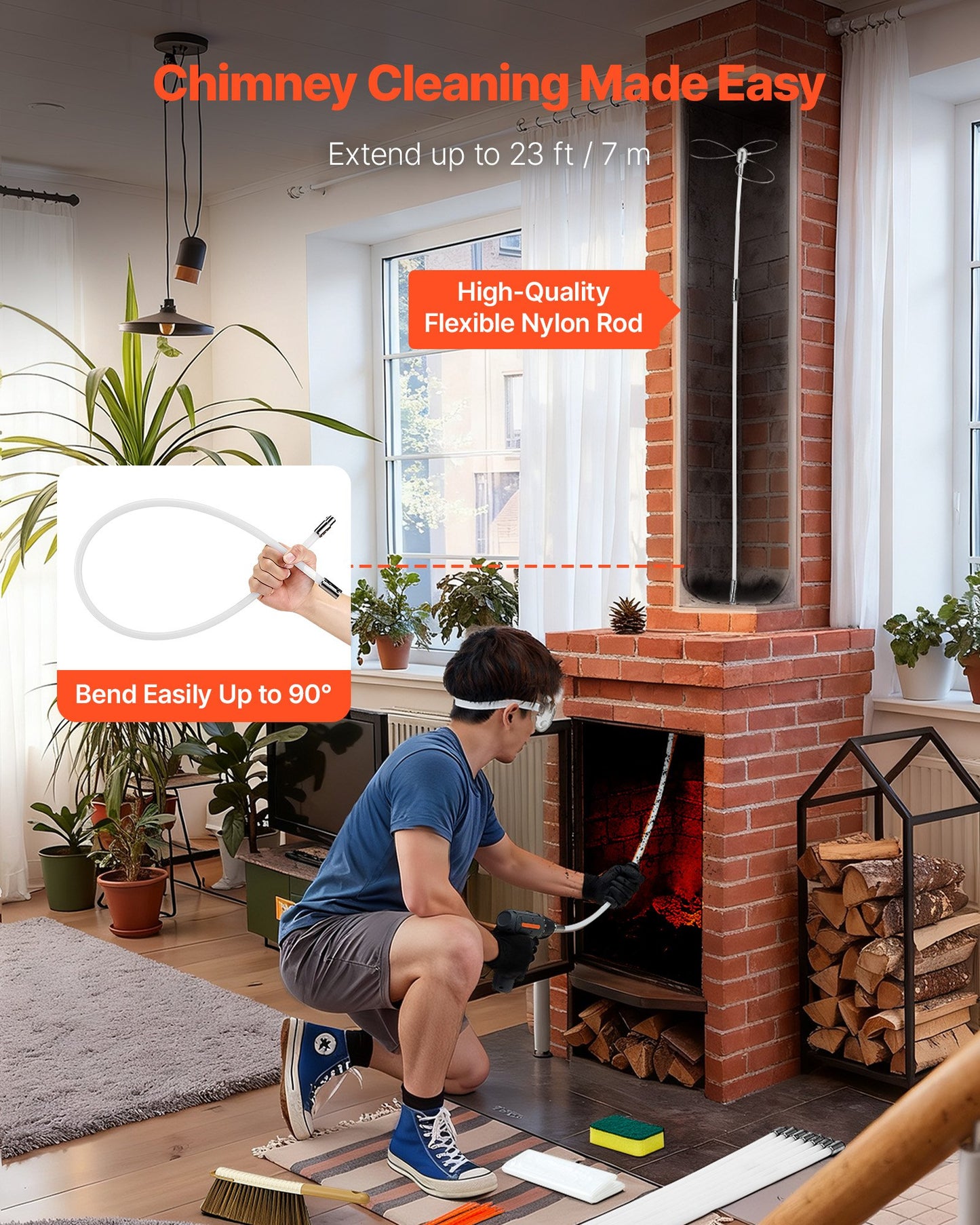 Chimney Sweep Kit, 7m Maximum Extendable Length Chimney Brush, Chimney Cleaner Sweeper with Dual Brush Heads, Brush & Goggles, Fireplace Cleaning Tool for Square, Rectangle, Arch Chimneys