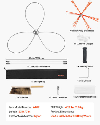 Chimney Sweep Kit, 7m Maximum Extendable Length Chimney Brush, Chimney Cleaner Sweeper with Dual Brush Heads, Brush & Goggles, Fireplace Cleaning Tool for Square, Rectangle, Arch Chimneys