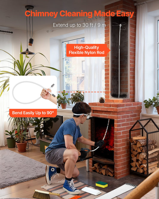Chimney Sweep Kit, 9m Maximum Extendable Length Chimney Brush, Chimney Cleaner Sweeper with Dual Brush Heads, Brush & Goggles, Fireplace Cleaning Tool for Square, Rectangle, Arch Chimneys