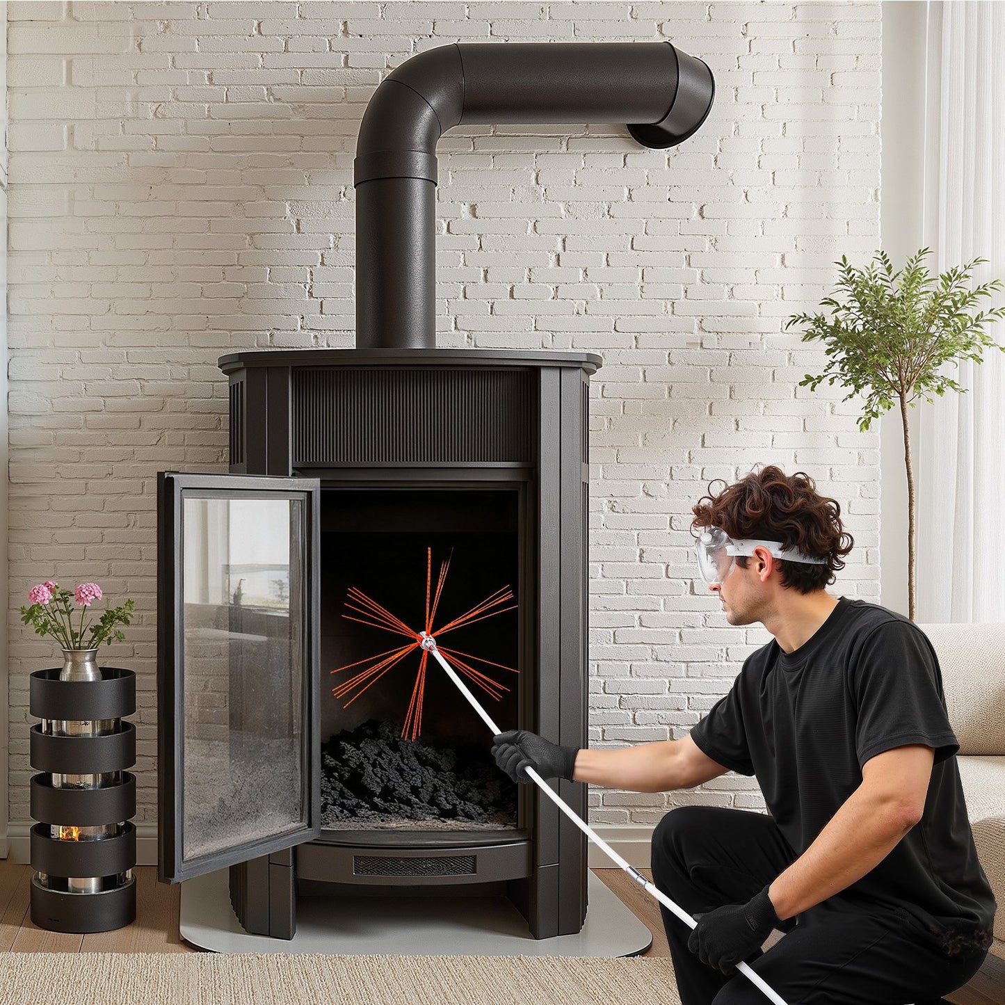 Chimney Sweep Kit, 10m Maximum Extendable Length Chimney Brush, Chimney Cleaner Sweeper with Dual Brush Heads, Brush & Goggles, Fireplace Cleaning Tool for Square, Rectangle, Arch Chimneys