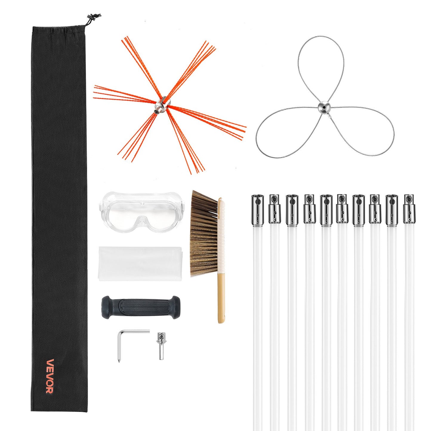 Chimney Sweep Kit, 10m Maximum Extendable Length Chimney Brush, Chimney Cleaner Sweeper with Dual Brush Heads, Brush & Goggles, Fireplace Cleaning Tool for Square, Rectangle, Arch Chimneys