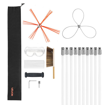Chimney Sweep Kit, 10m Maximum Extendable Length Chimney Brush, Chimney Cleaner Sweeper with Dual Brush Heads, Brush & Goggles, Fireplace Cleaning Tool for Square, Rectangle, Arch Chimneys