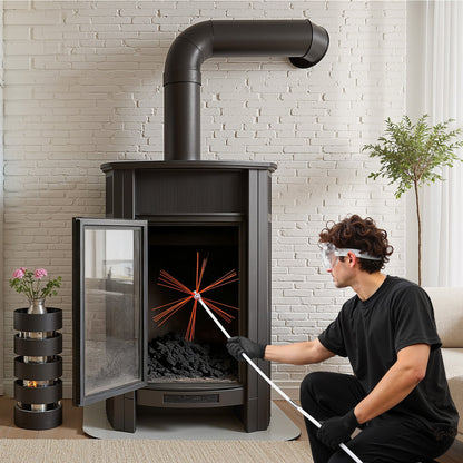 Chimney Sweep Kit, 12m Maximum Extendable Length Chimney Brush, Chimney Cleaner Sweeper with Dual Brush Heads, Brush & Goggles, Fireplace Cleaning Tool for Square, Rectangle, Arch Chimneys
