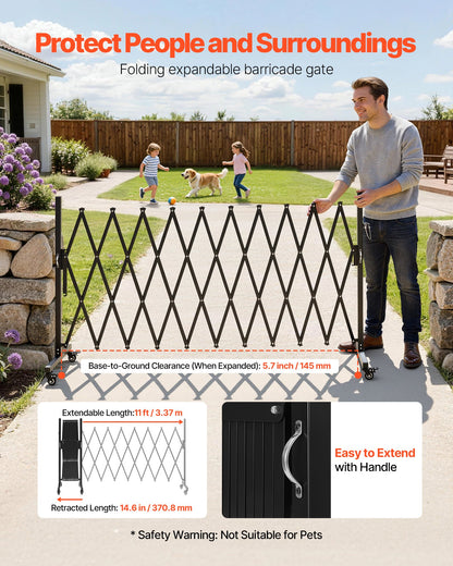 Expandable Barricade, 3.37m Expandable Safety Barrier, Flexible Mobile Barricade with Locking Casters, Portable Folding Security Gate Metal Traffic Fence for Patio Garden Stairway