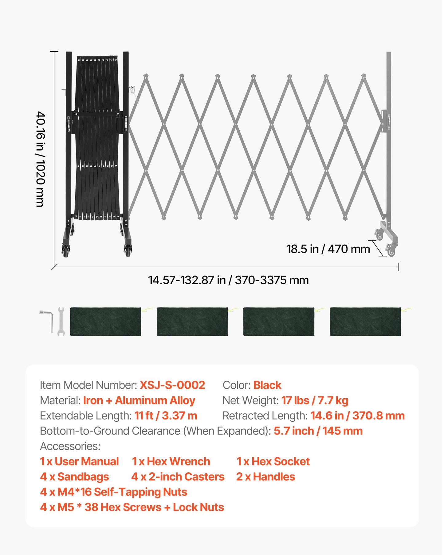 Expandable Barricade, 3.37m Expandable Safety Barrier, Flexible Mobile Barricade with Locking Casters, Portable Folding Security Gate Metal Traffic Fence for Patio Garden Stairway