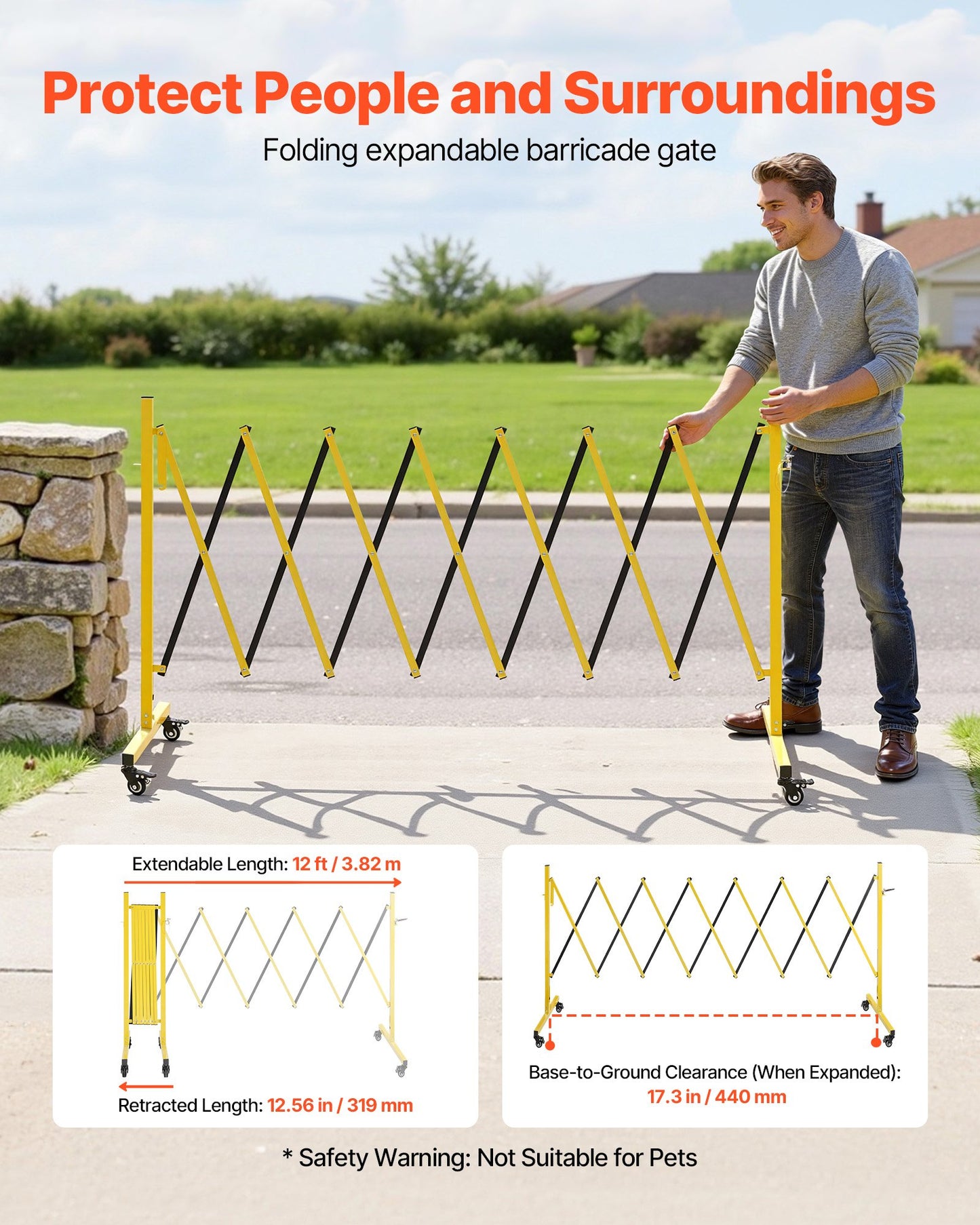 Industrial Expandable Barricade, 3.82m Expandable Safety Barrier, Flaxible Mobile Barricade with Locking Casters, Portable Folding Security Gate Traffic Fence for Driveway Warehouse Elevator