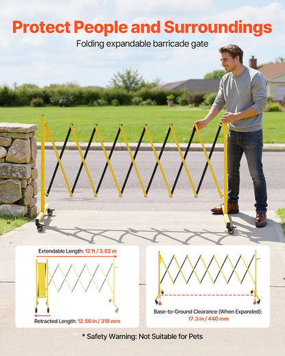 Industrial Expandable Barricade, 3.82m Expandable Safety Barrier, Flaxible Mobile Barricade with Locking Casters, Portable Folding Security Gate Traffic Fence for Driveway Warehouse Elevator