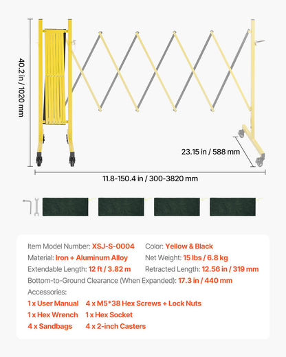 Industrial Expandable Barricade, 3.82m Expandable Safety Barrier, Flaxible Mobile Barricade with Locking Casters, Portable Folding Security Gate Traffic Fence for Driveway Warehouse Elevator