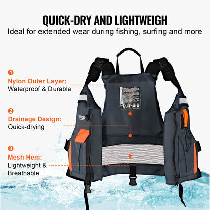 VEVOR Life Vest for Watersports (PFD), Life Jacket with Waterproof Nylon & 96N Buoyancy,