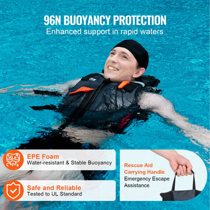 VEVOR Life Vest for Watersports (PFD), Life Jacket with Waterproof Nylon & 96N Buoyancy,