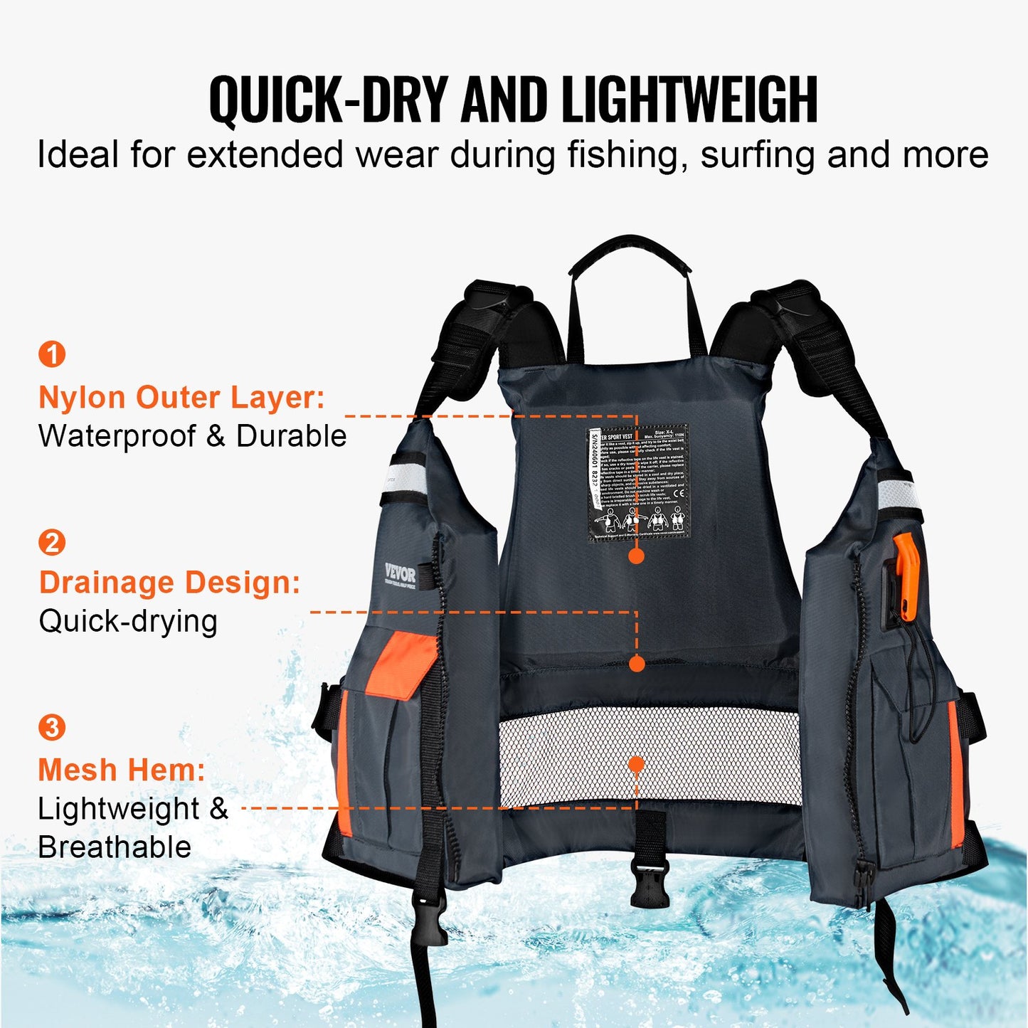 VEVOR Life Vest for Watersports (PFD), Life Jacket with Waterproof Nylon & 110N