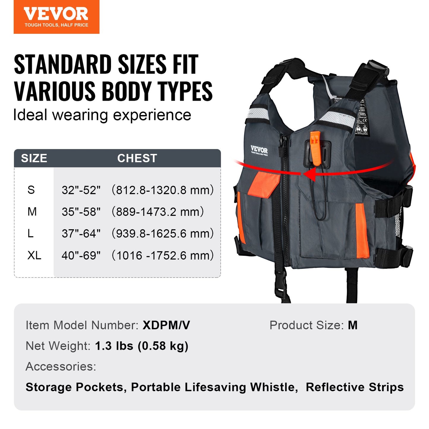 VEVOR Life Vest for Watersports (PFD), Life Jacket with Waterproof Nylon & 85N Buoyancy,
