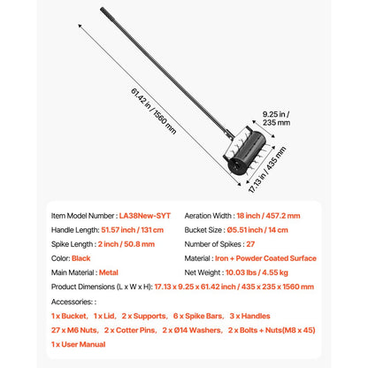 Rolling Lawn Aerator 45.7 cm Heavy-Duty Manual Rolling Aerator Lawn Black