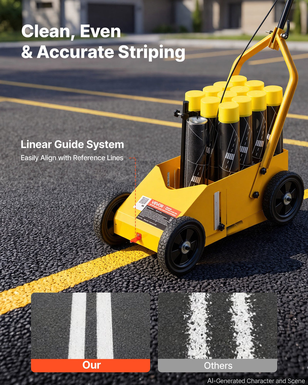 Striping Line Marking Machine 12-Can Capacity Yellow with 4 Wheels, Parking Lot Striping Machine, 50-100 mm Adjustable Line Width, Heavy Duty, Fast and Accurate Marking, with Adapter Nozzle