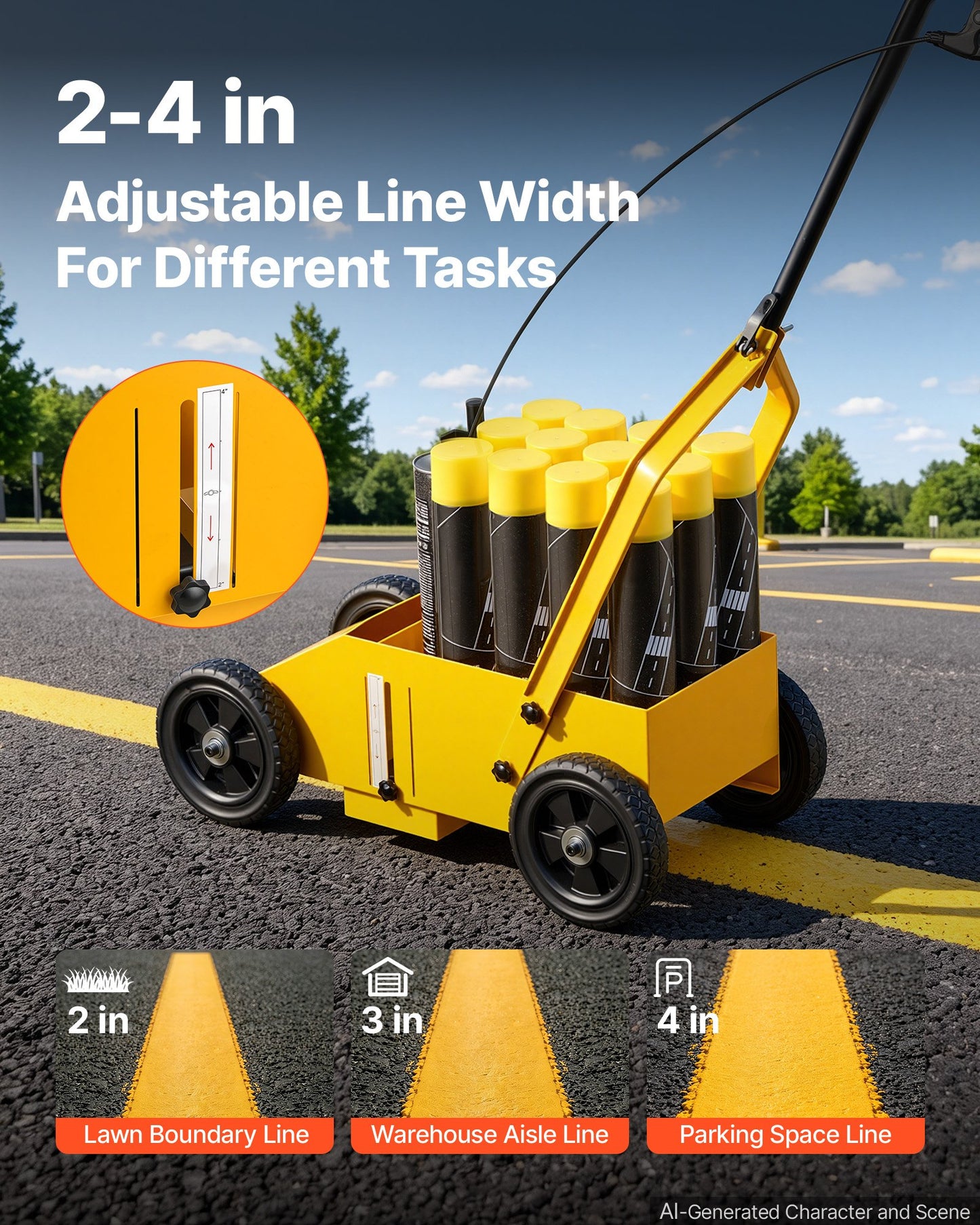 Striping Line Marking Machine 12-Can Capacity Yellow with 4 Wheels, Parking Lot Striping Machine, 50-100 mm Adjustable Line Width, Heavy Duty, Fast and Accurate Marking, with Adapter Nozzle