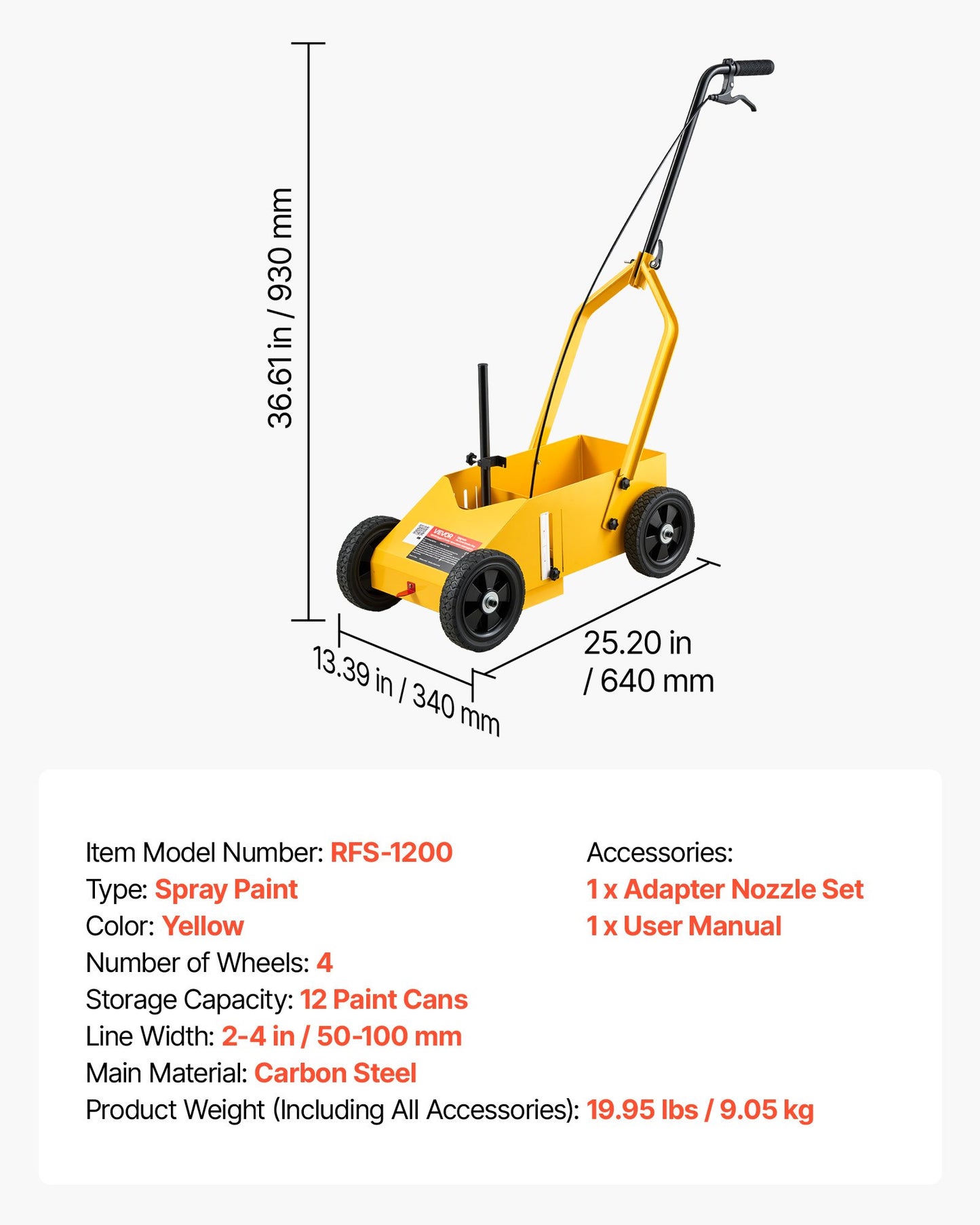 Striping Line Marking Machine 12-Can Capacity Yellow with 4 Wheels, Parking Lot Striping Machine, 50-100 mm Adjustable Line Width, Heavy Duty, Fast and Accurate Marking, with Adapter Nozzle