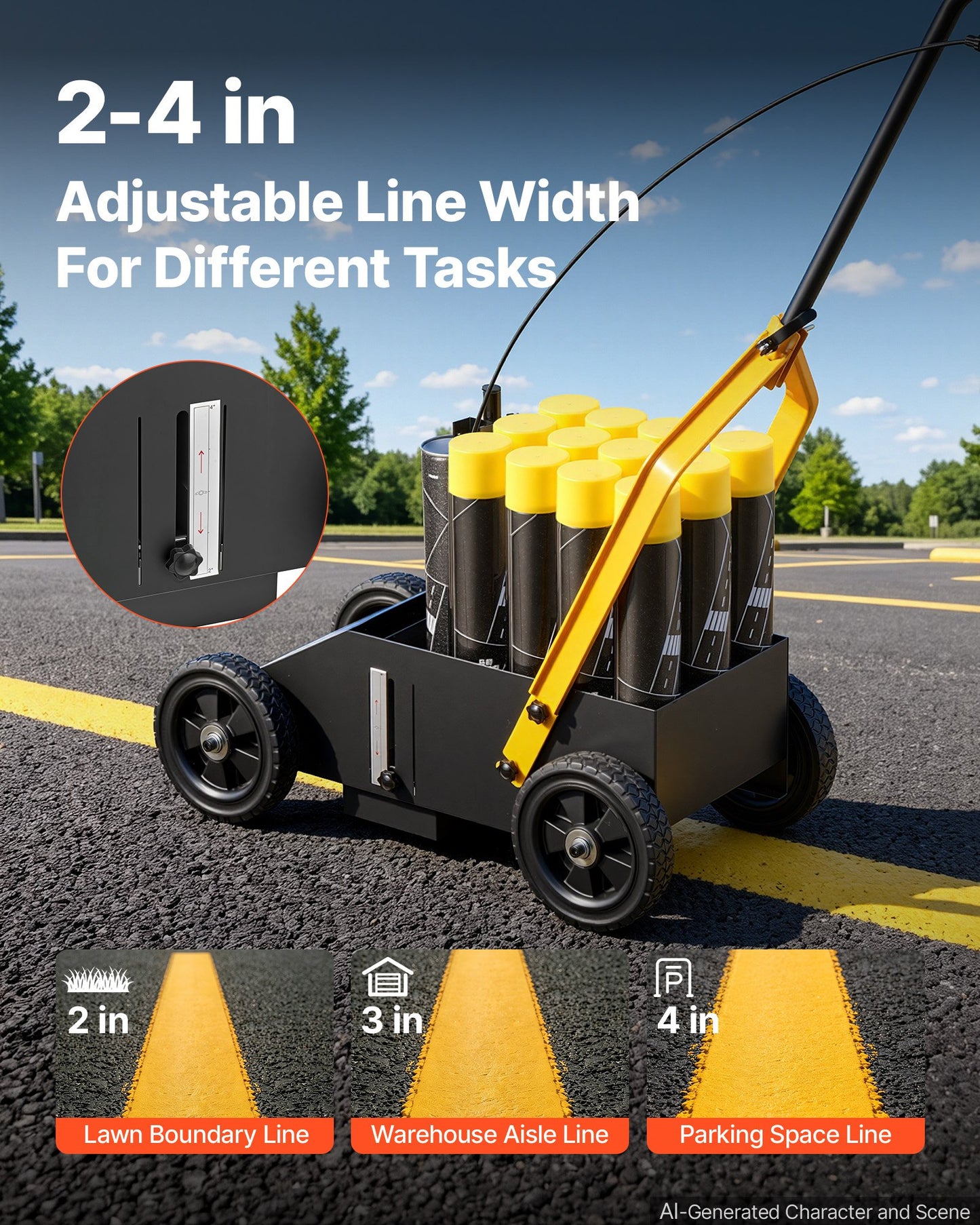 Striping Line Marking Machine 12-Can Capacity Black with 4 Wheels, Parking Lot Striping Machine, 50-100 mm Adjustable Line Width, Heavy Duty, Fast and Accurate Marking, with Adapter Nozzle