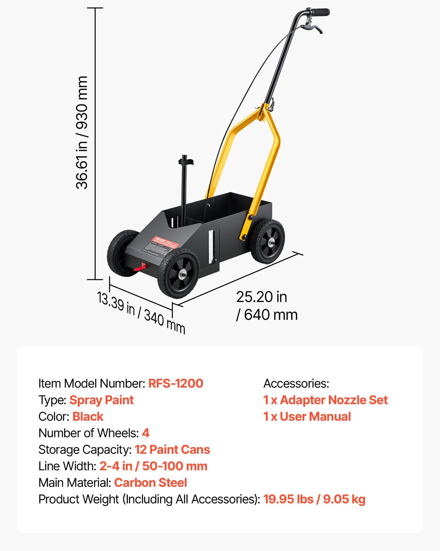 Striping Line Marking Machine 12-Can Capacity Black with 4 Wheels, Parking Lot Striping Machine, 50-100 mm Adjustable Line Width, Heavy Duty, Fast and Accurate Marking, with Adapter Nozzle