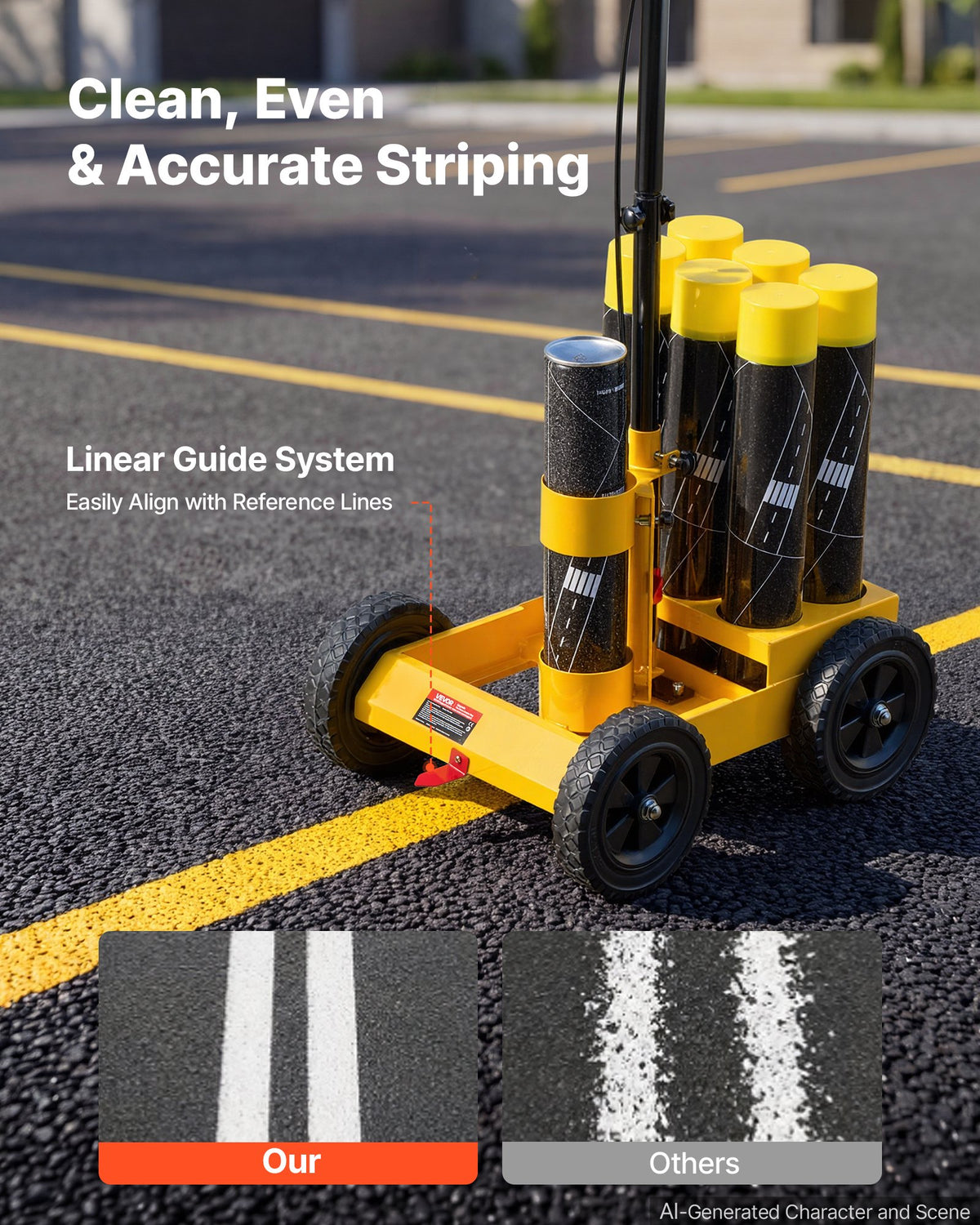 Striping Line Marking Machine 6-Can Capacity Yellow with 4 Wheels, Parking Lot Striping Machine, 50-100 mm Adjustable Line Width, Heavy Duty, Fast and Accurate Marking, with Adapter Nozzle