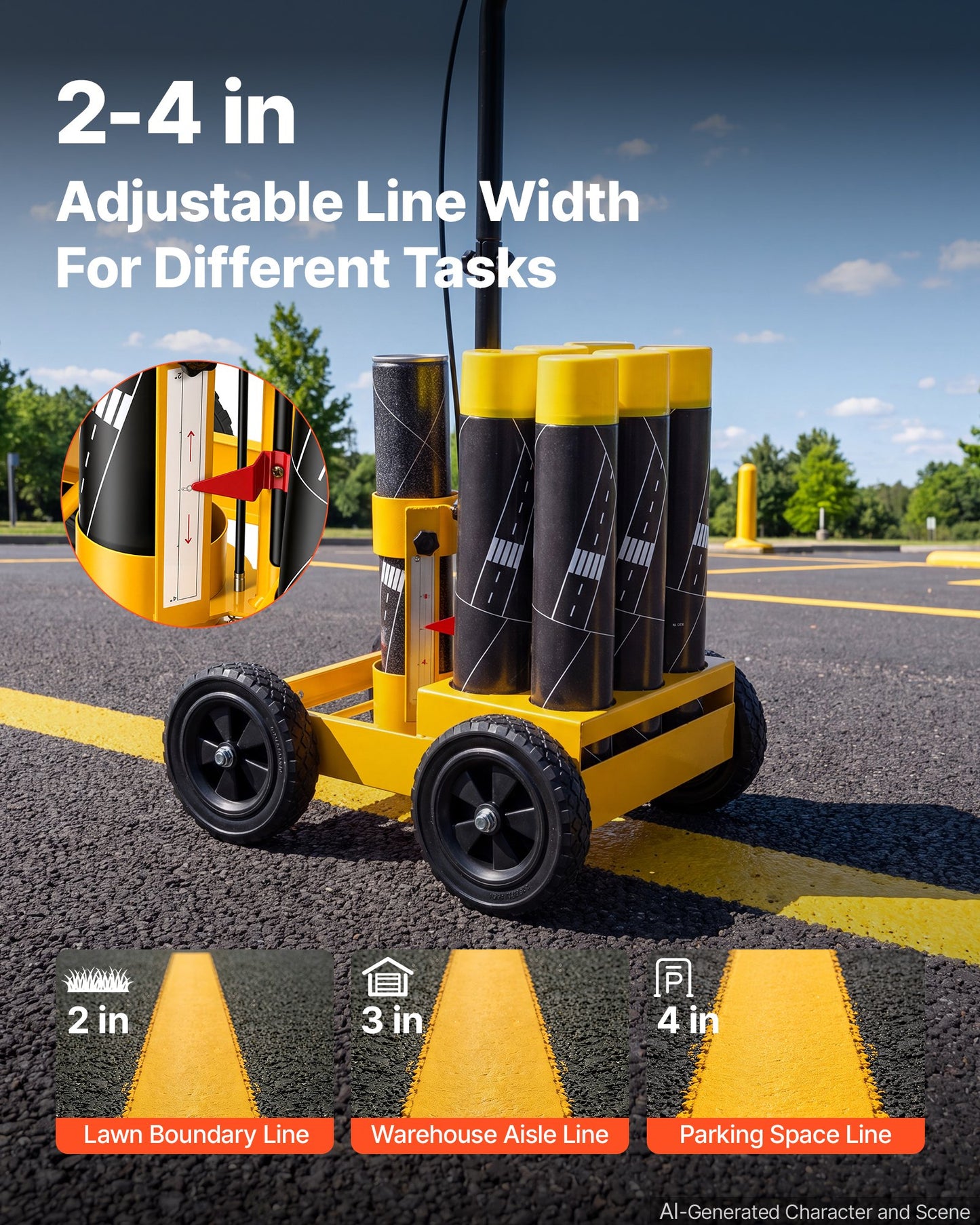 Striping Line Marking Machine 6-Can Capacity Yellow with 4 Wheels, Parking Lot Striping Machine, 50-100 mm Adjustable Line Width, Heavy Duty, Fast and Accurate Marking, with Adapter Nozzle