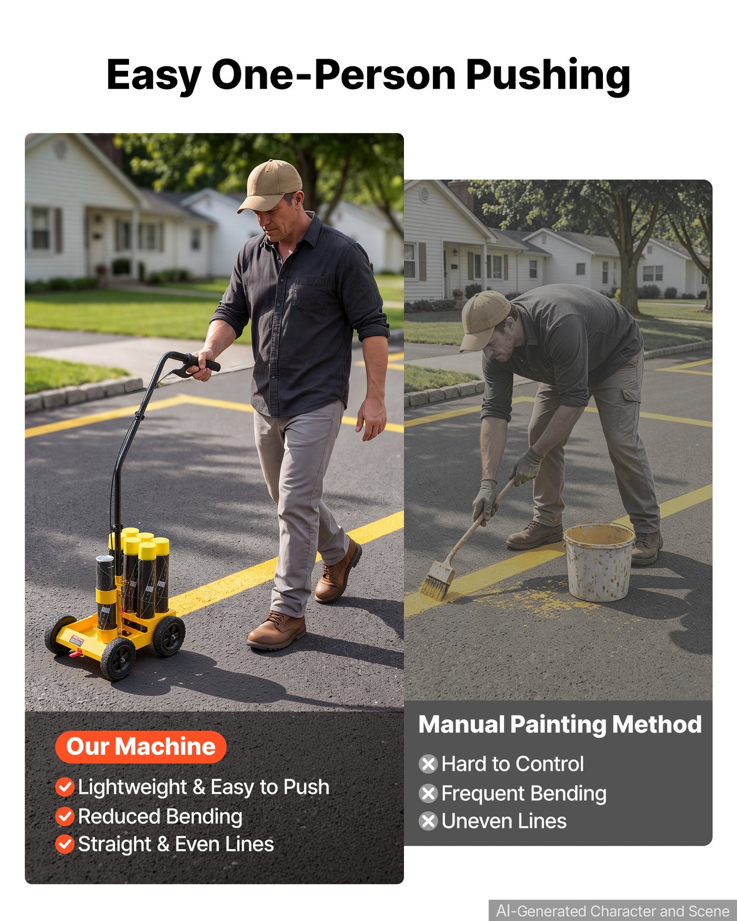 Striping Line Marking Machine 6-Can Capacity Yellow with 4 Wheels, Parking Lot Striping Machine, 50-100 mm Adjustable Line Width, Heavy Duty, Fast and Accurate Marking, with Adapter Nozzle
