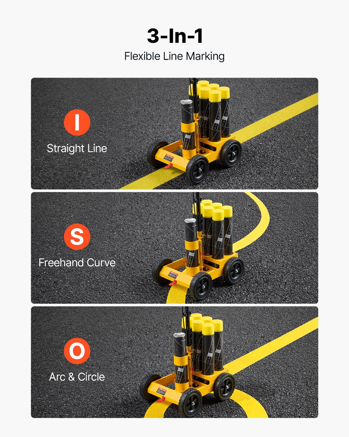 Striping Line Marking Machine 6-Can Capacity Yellow with 4 Wheels, Parking Lot Striping Machine, 50-100 mm Adjustable Line Width, Heavy Duty, Fast and Accurate Marking, with Adapter Nozzle