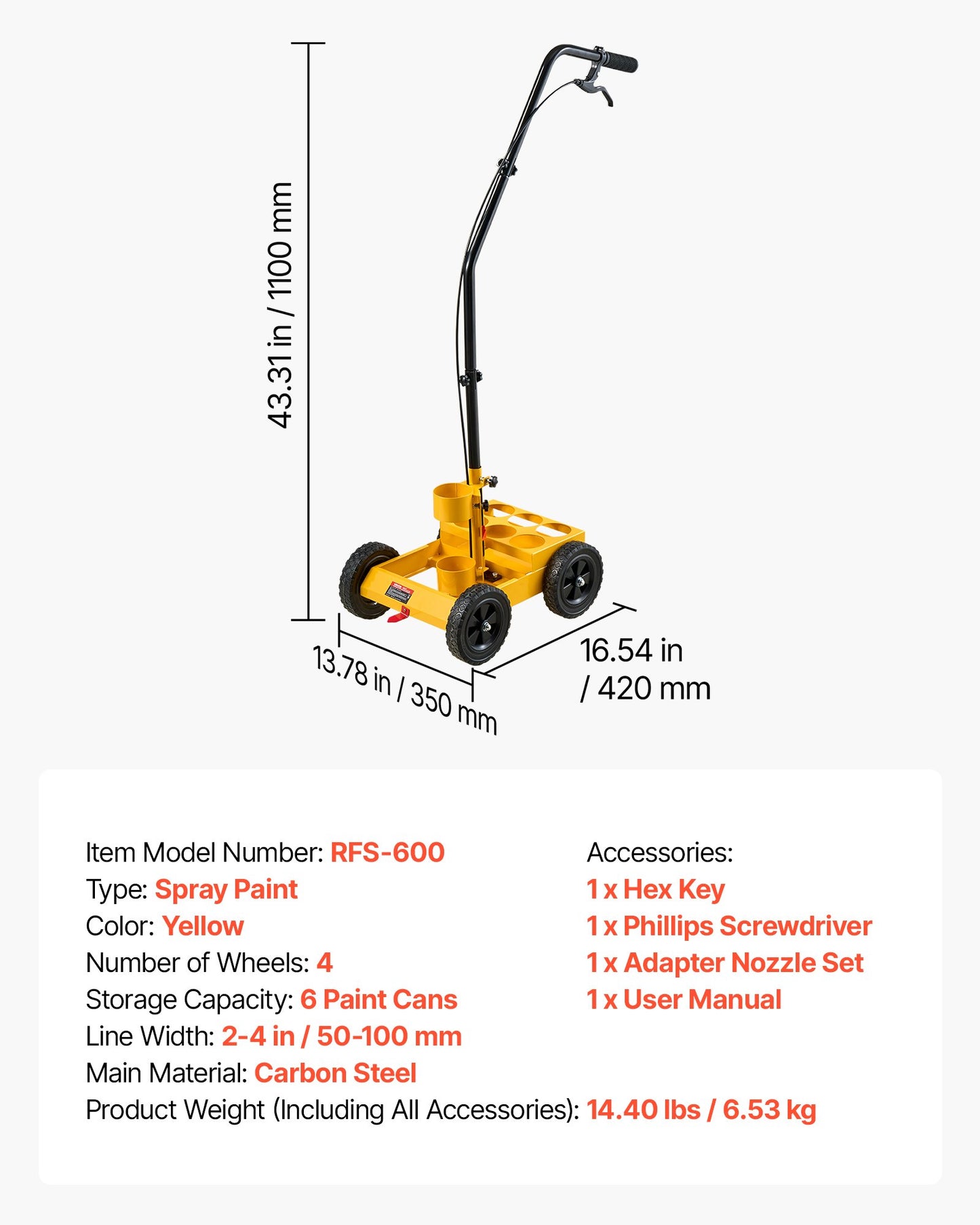Striping Line Marking Machine 6-Can Capacity Yellow with 4 Wheels, Parking Lot Striping Machine, 50-100 mm Adjustable Line Width, Heavy Duty, Fast and Accurate Marking, with Adapter Nozzle